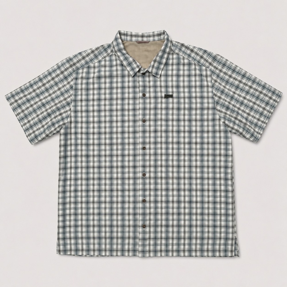 Columbia Mens XL Plaid Button Up Shirt Blue Gray Modal Blend Short Sleeve